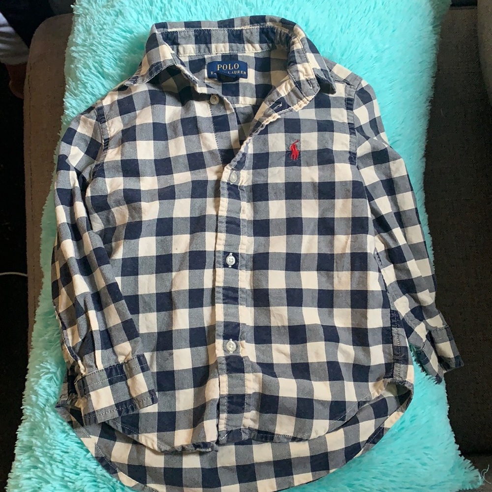 POLO navy plaid Button up, long sleeve. 3T